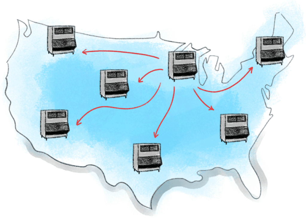 cartoon map of USA showing commercial ice machines on map