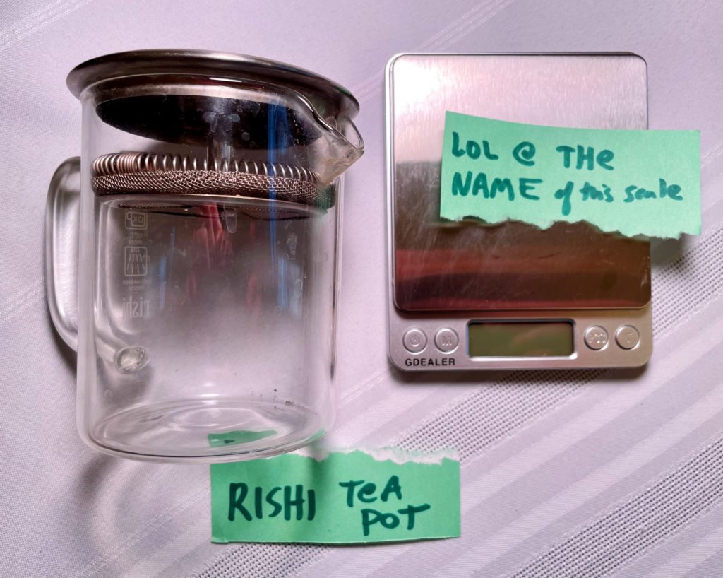 Rishi tea pot and GDEALER digital scale on a white backdrop