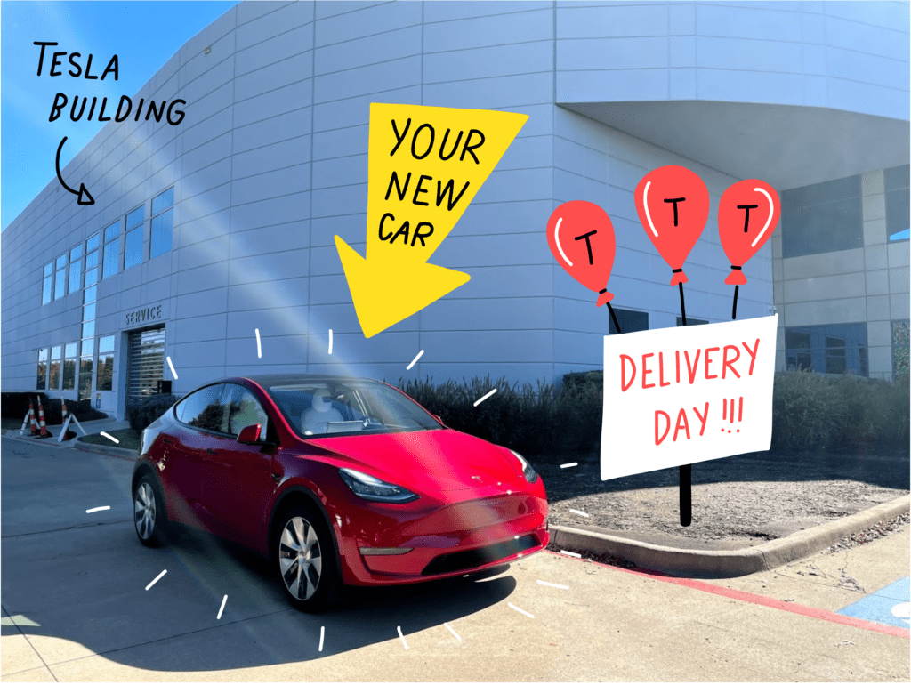 Red color Tesla Model Y car outside of the Plano Texas Tesla service office, with signs saying Delivery Day and Your New Car