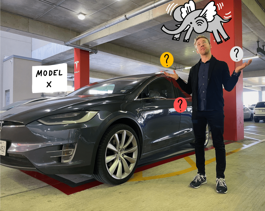 Me standing next to a Tesla Model X and wondering if I should get it, with an elephant inexplicably above me with wings