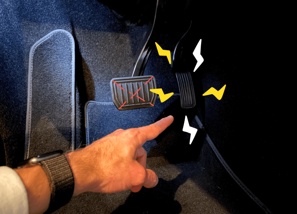 Hand pointing to the gas pedal, with electric cartoon lines around it, next to the brake pedal with Red cross out over it