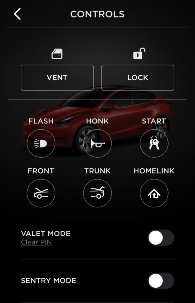 screenshot of the Tesla iPhone app which shows buttons including Vent, Lock, Flash, Honk, Start, Front, Trunk, Homelink, Valet Mode, and Sentry Mode