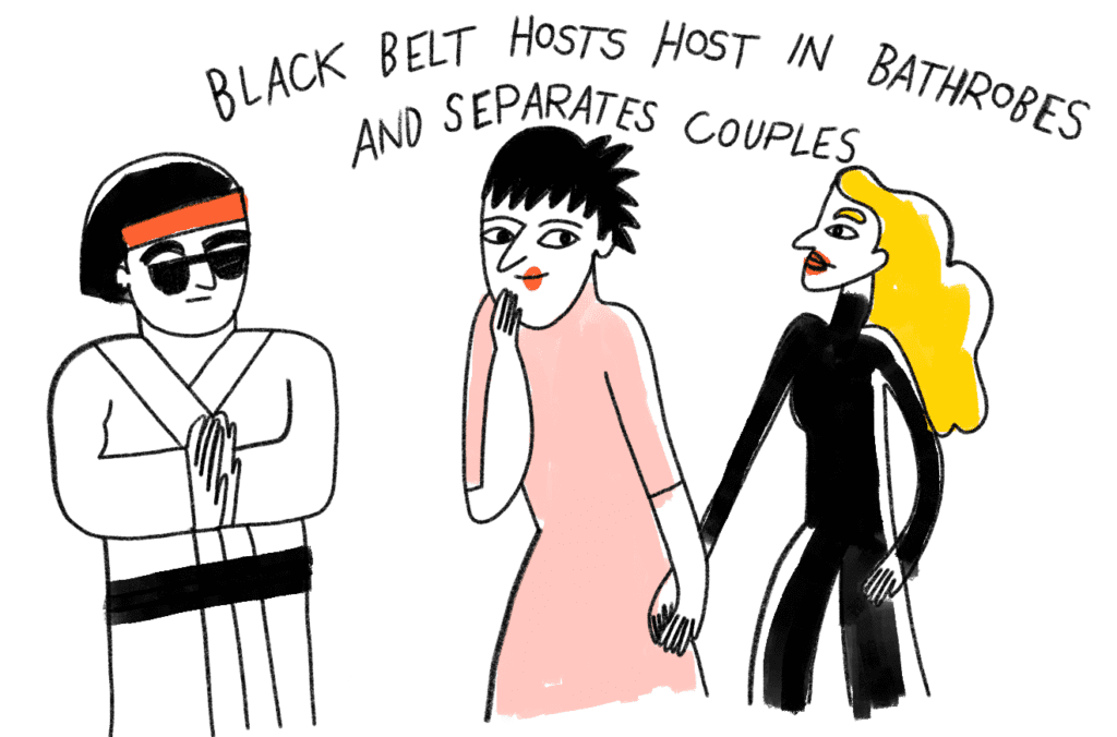 cartoon and the text above it says Black belt hosts host in bathrobes and separates couples