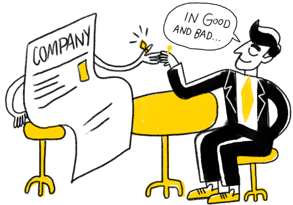 cartoon showing a document (company) getting married to a guy in a tuxedo and text says "In good and bad..."