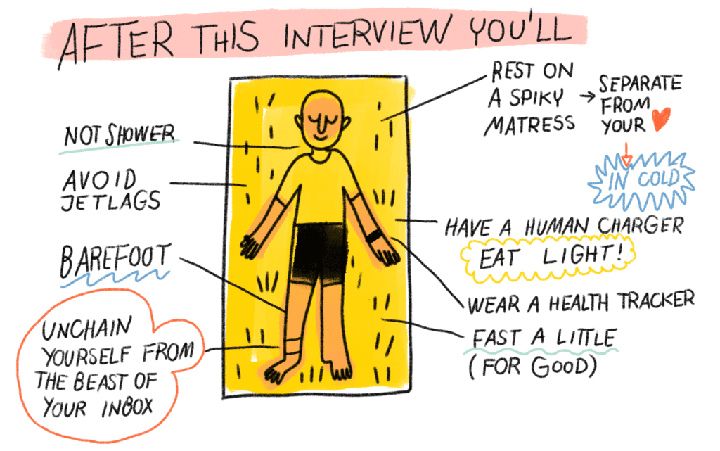 after this interview, you will: cartoon of a man laying down, with text nearby saying NOT SHOWER, AVOID JETLAGS, BARFOOT, REST ON SPIKY MATRESS, etc