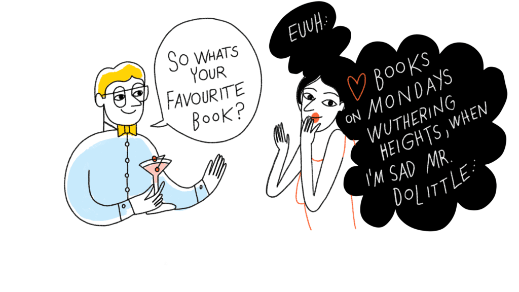 cartoon of a man saying "So what's your favorite book?" and woman saying things