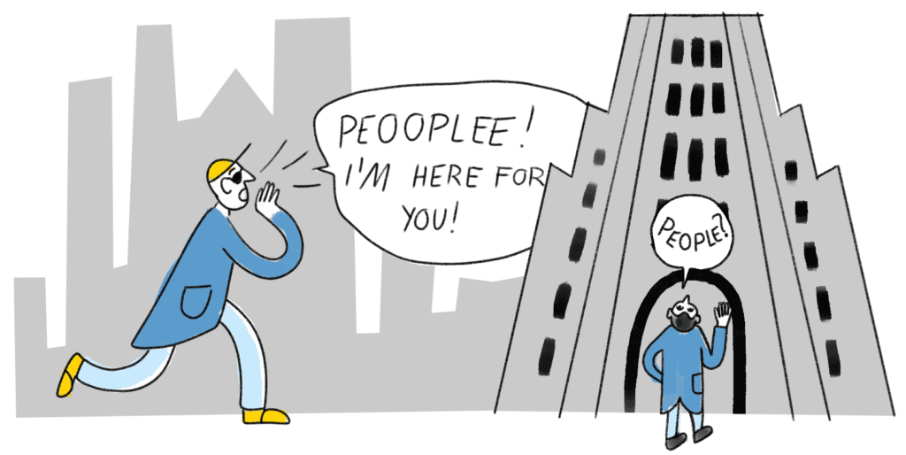 cartoon of man in NYC on street saying PEOPLE, I AM HER FOR YOU!