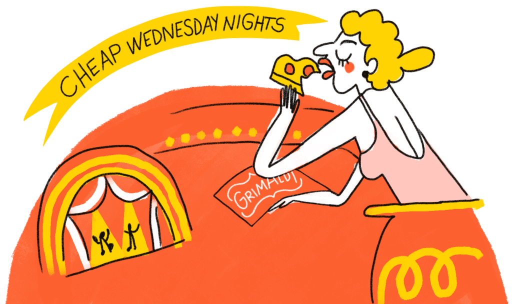 illustration of a woman eating, text banner above says Cheap wednesday nights