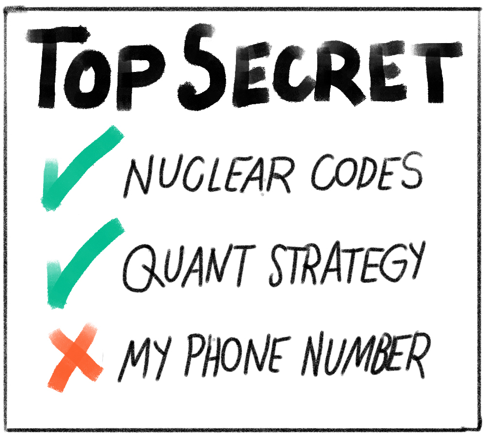 A post-it saying: Top secret! Nuclear codes, Quant strategy - but not my phone number! 