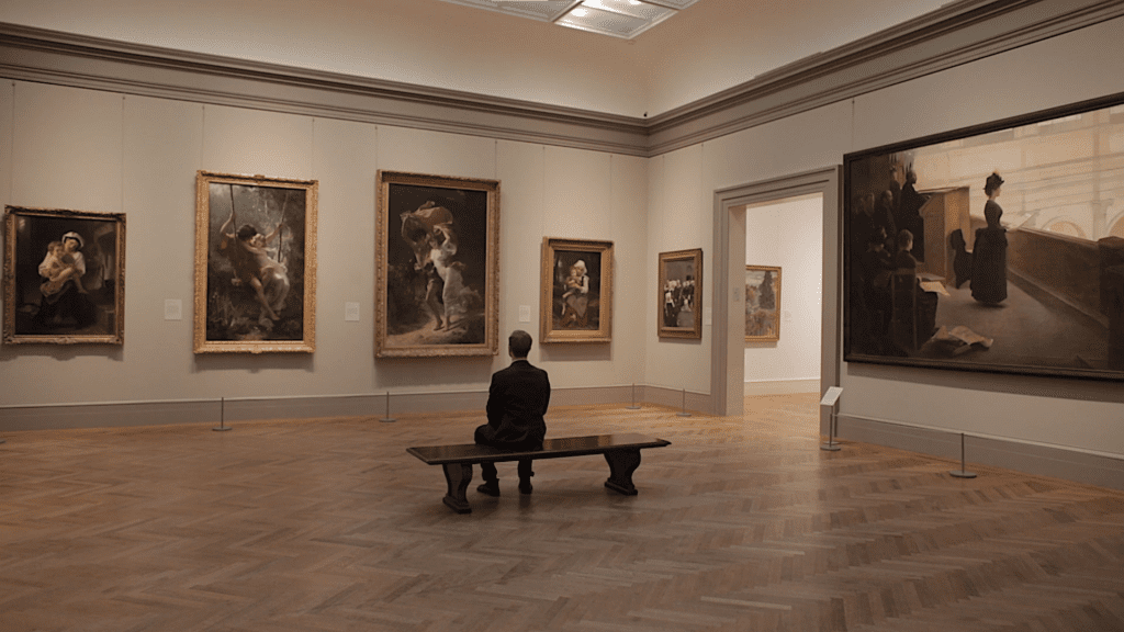 a man observing the paintings