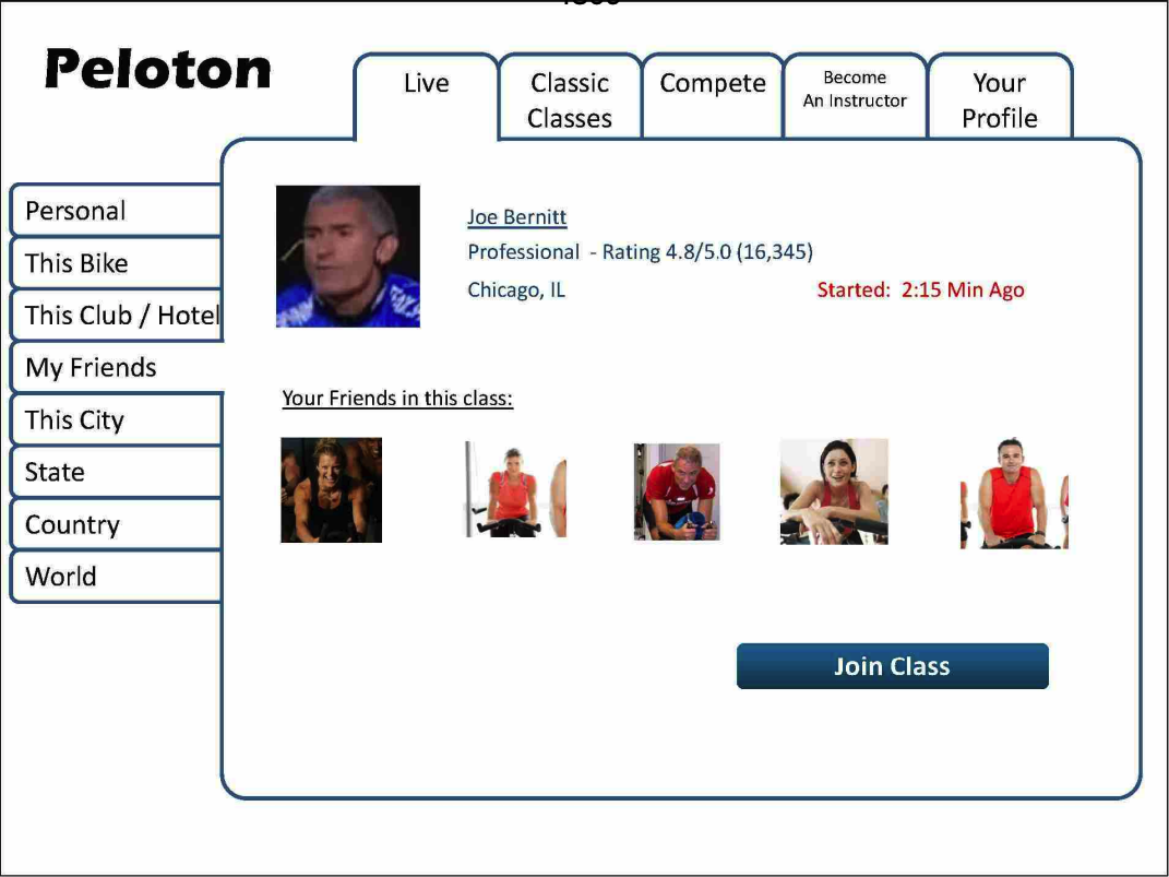 A screenshot of the Peloton app showing the list of friends of the user and an option to join the class