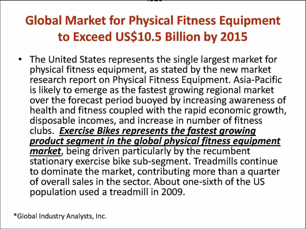 Header text “Global Market for Physical Fitness Equipment to Exceed US$10.5 Billion by 2015” with highlighted text at the bottom “Exercise Bikes represents the fastest growing product segment in the global physical fitness equipment market”