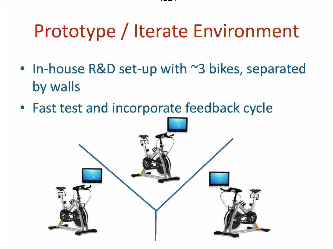 Header text “Prototype/Iterate Environment” with two bullet points listing In-house R&D set-up with ~3 bikes, separated by walls, and Fast test and incorporate feedback cycle