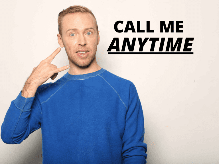 Title header: Call me anytime with one person doing a "call me" gesture.
