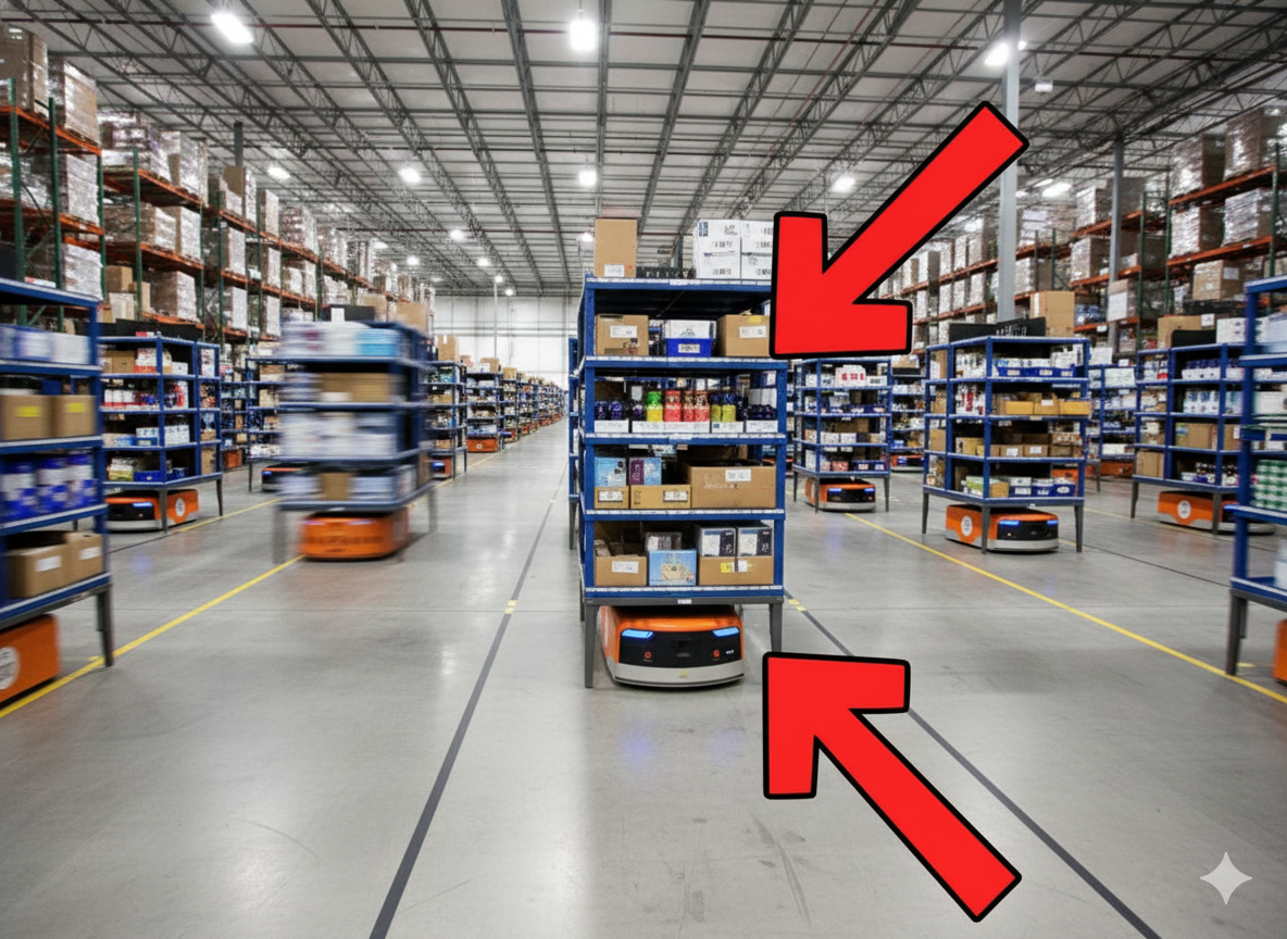 image showing Kiva robots in an AI image of an Amazon warehouse 